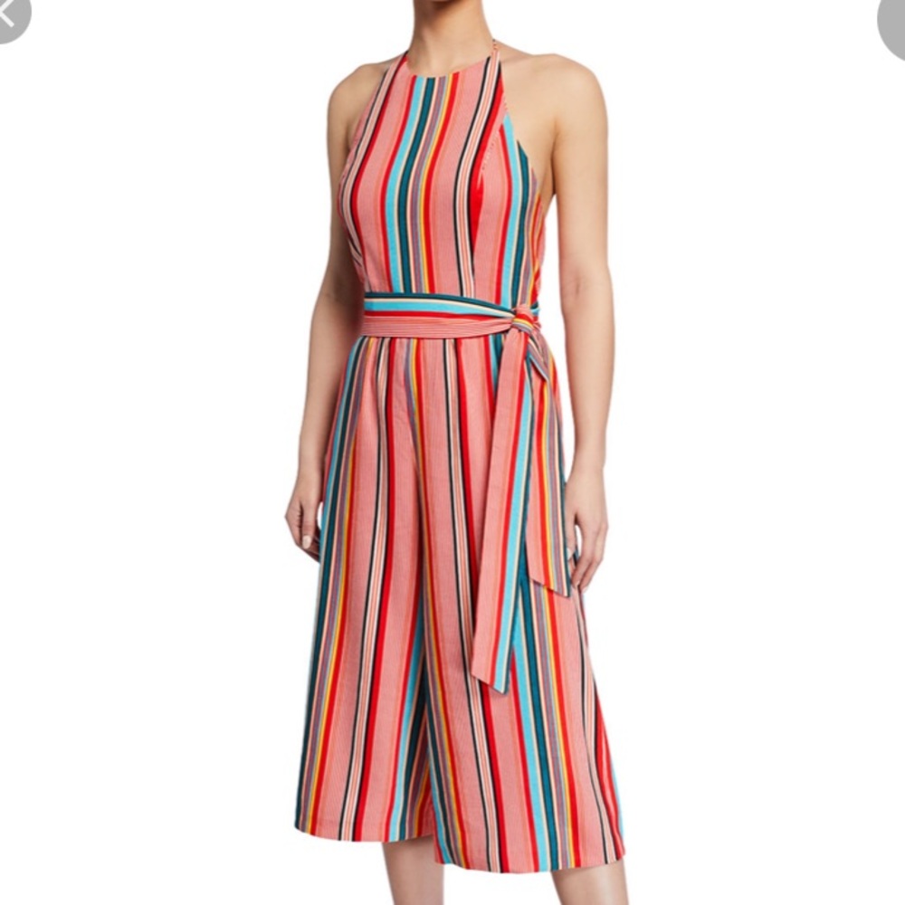 Alice + Olivia Lucie cropped wide leg halter striped belted jumpsuit